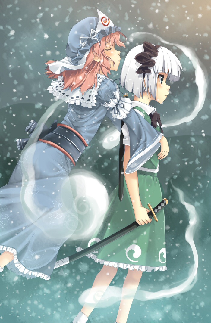 2girls, blue_eyes, blush, closed_eyes, hair_ribbon, hairband, hat, hitodama