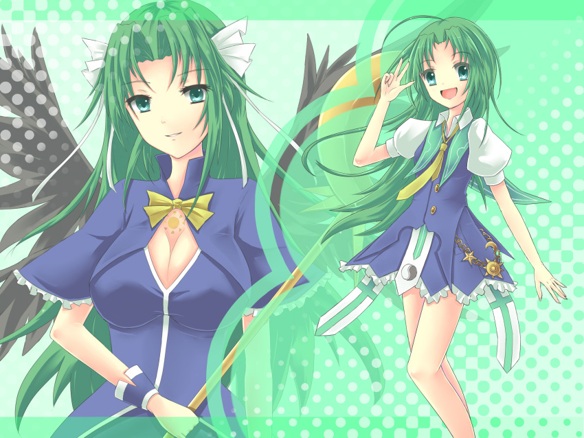 1girl, ahoge, blue_dress, breasts, capelet, cleavage, contemporary, crescent, dress, dress_shirt, green_eyes, green_hair, highres, long_hair, mima, necktie, no_hat, no_headwear, open_mouth, shirt, smile, solo, staff, teenage, tenhi_tsukitori, touhou, touhou_(pc-98), wings, wrist_cuffs, young