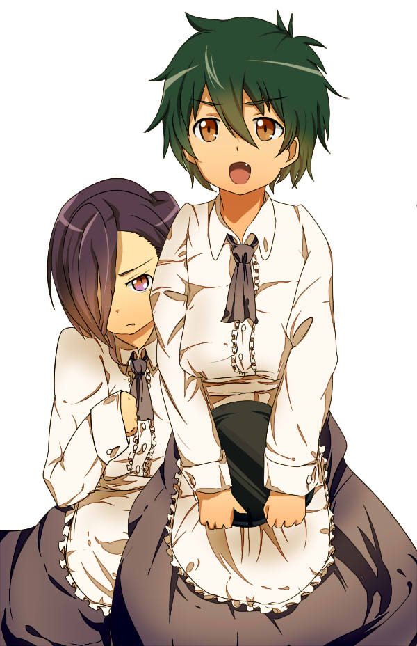2boys, black_hair, brown_eyes, crossdressinging, hataraku_maou-sama!, lucifer_(hataraku_maou-sama!), maid, maou_sadao