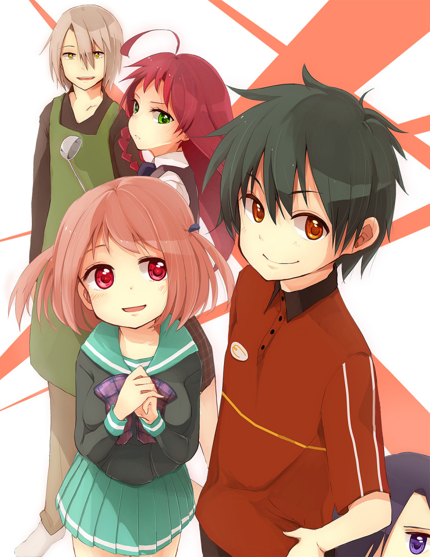 2girls, 3boys, :<, ahoge, apron, ashiya_shirou, black_hair, braid