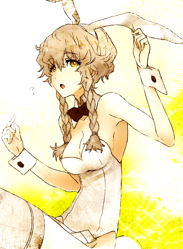 1girl, amane_suzuha, animal_ears, braid, breasts, brown_hair, bunny_tail, bunnysuit, cleavage, mozi, rabbit_ears, solo, steins;gate, tail, thigh-highs, twin_braids, wrist_cuffs, yellow_eyes