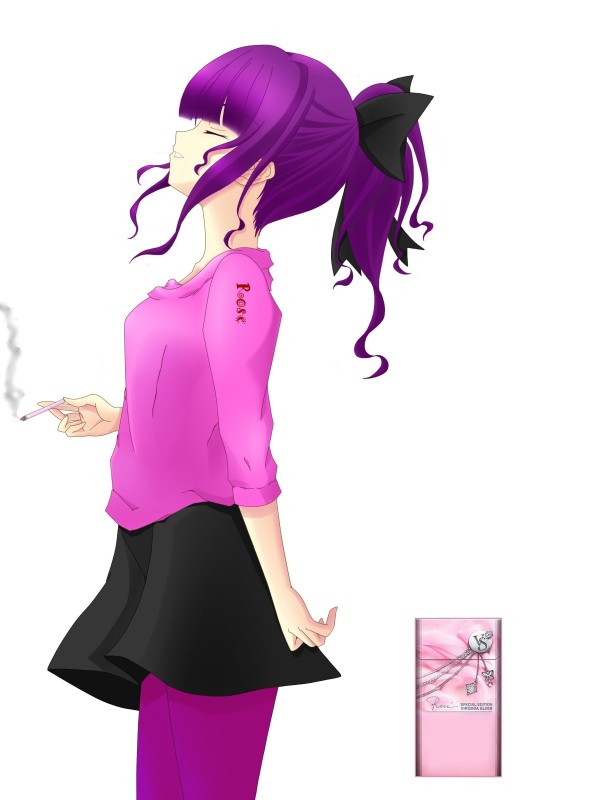 black_skirt, cigarette, cigarette_box, kurose_kanata, ponytail, product_girl, purple_hair, purple_legwear
