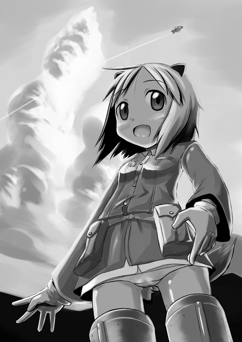 ashida_ichirou, elma_leivonen, ichirou_(hajimari), military, military_uniform, monochrome, open_mouth, panties