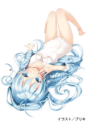 anklet, antenna_hair, barefoot, blue_eyes, blue_hair, bow, buriki, casual_one-piece_swimsuit, denpa_onna_to_seishun_otoko, frilled_swimsuit, frills, hooded_top, jewelry, long_hair, lowres, on_back, one-piece_swimsuit, solo, swimsuit, thigh_gap, touwa_erio, very_long_hair, white_swimsuit