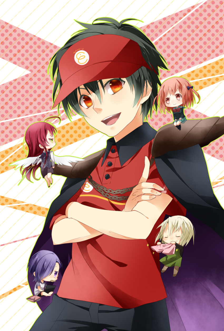 2girls, 3boys, apron, ashiya_shirou, black_hair, boxers, brown_eyes, brown_hair