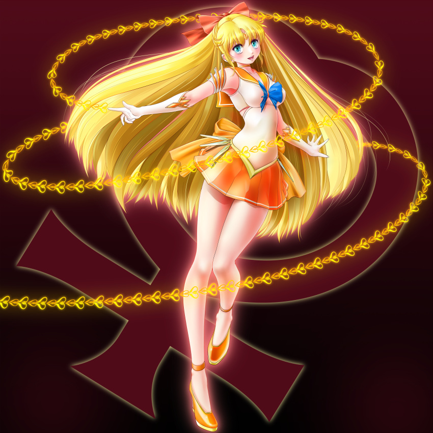 1girl, absurdres, adapted_costume, aino_minako, bishoujo_senshi_sailor_moon, blonde_hair, blue_eyes, bow, choker, dress, gloves, hair_bow, half_updo, highres, long_hair, magical_girl, miharin, orange_dress, ribbon, sailor_collar, sailor_venus, shoes, skirt, smile, solo, tiara, venus_symbol