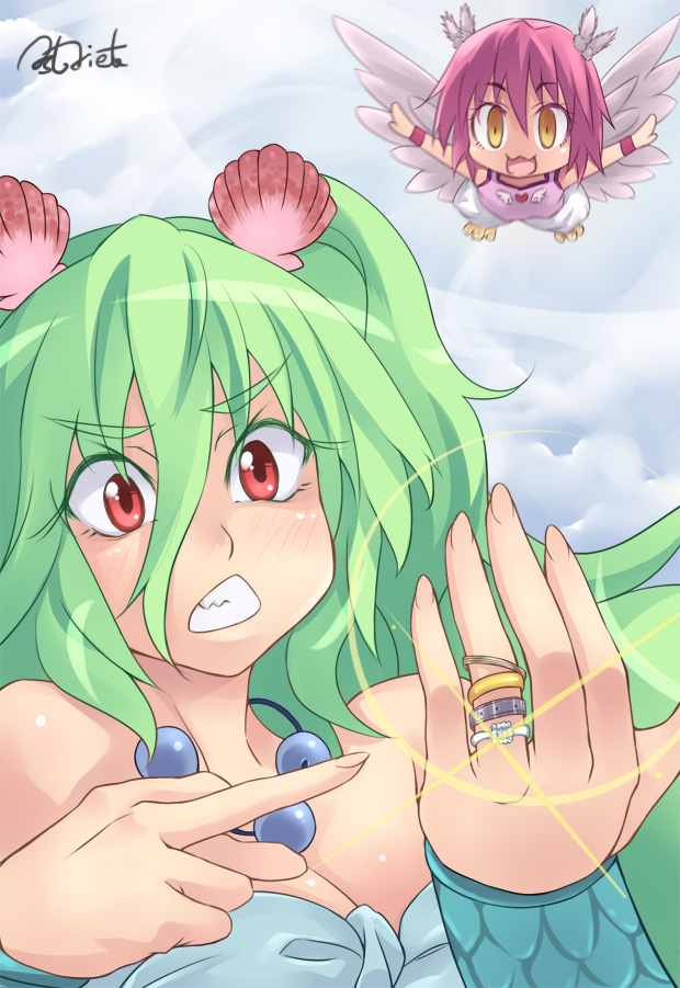 2girls, bird_wings, blush, breasts, cleavage, flying, green_hair, harpy