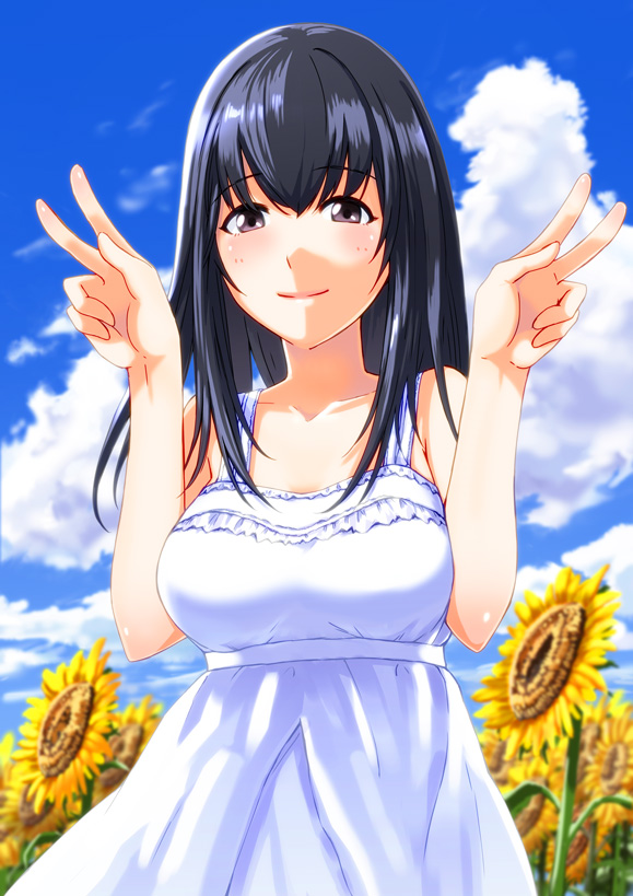 1girl, blue_hair, blush, clouds, collarbone, flower, grey_eyes, kaoru348