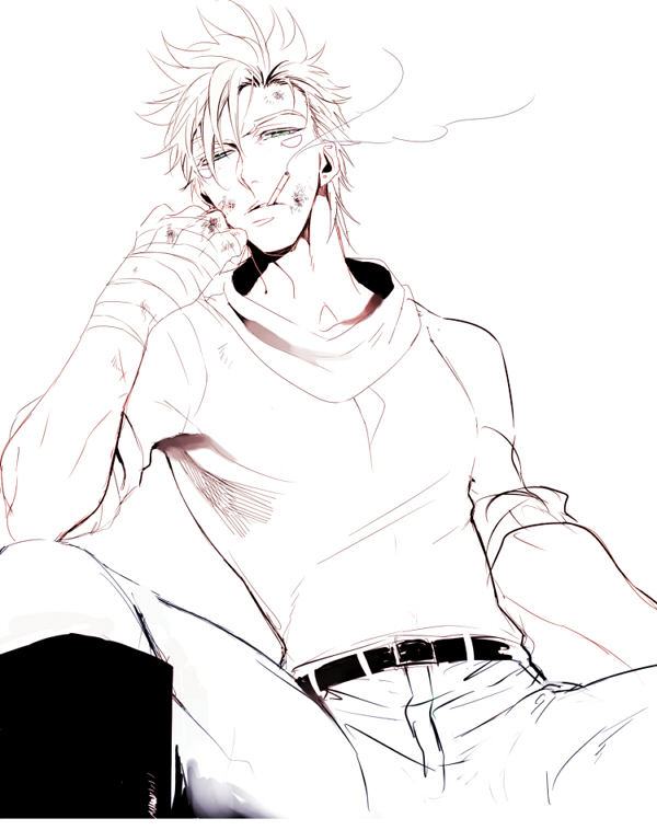 1boy, caesar_anthonio_zeppeli, cigarette, facial_mark, green_eyes, handwraps, jojo_no_kimyou_na_bouken, s_gentian
