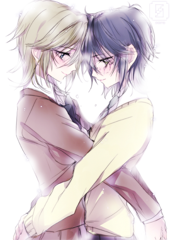 2girls, black_hair, blonde_hair, blue_hair, blush, couple, forehead-to-forehead, glasses