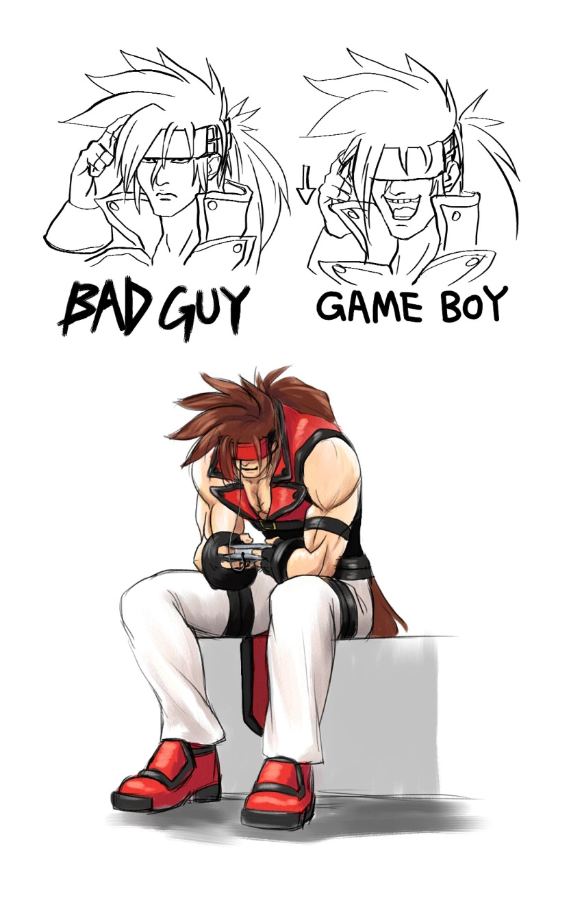 1boy, brown_hair, fingerless_gloves, frown, gloves, guilty_gear, handheld, happy