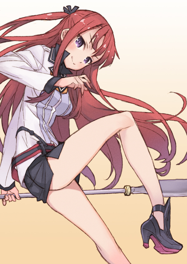 aruka, bare_legs, belt, blush, hair_ribbon, long_hair, looking_at_viewer, matsuryuu