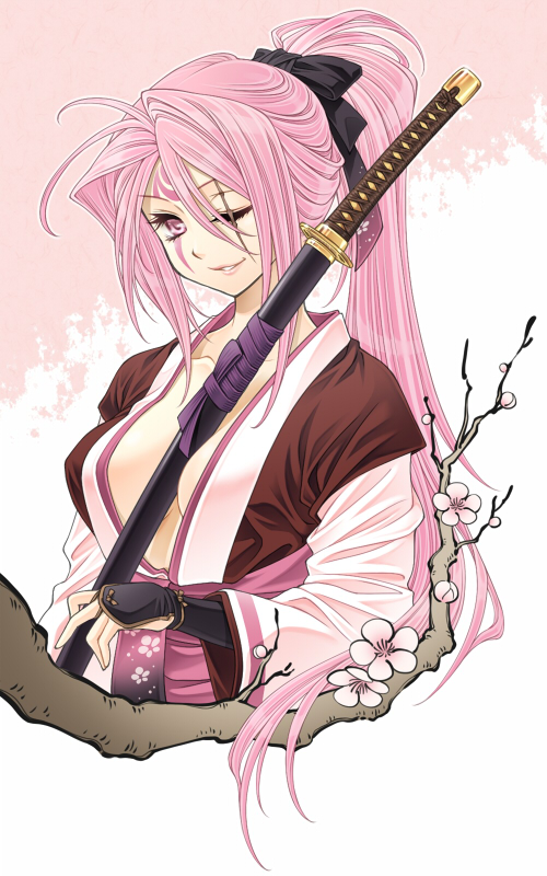 1girl, amputee, baiken, between_breasts, bibyo, bow, branch, breasts, eyelashes, facial_tattoo, flower, guilty_gear, hair_bow, japanese_clothes, kataginu, katana, kimono, kote, large_breasts, lips, long_hair, obi, one-eyed, pink_eyes, pink_hair, ponytail, scar, smile, solo, sword, tattoo, weapon