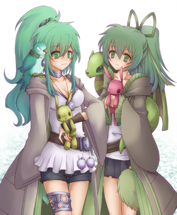 2girls, anklet, belt, bird, blush, bracelet, breasts, choker