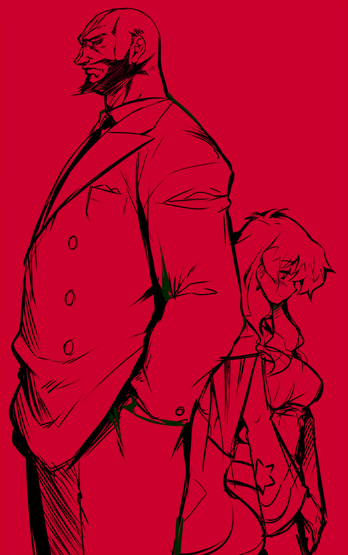 1boy, 1girl, father_and_daughter, formal, hands_in_pockets, height_difference, kumacchi, lordgenome