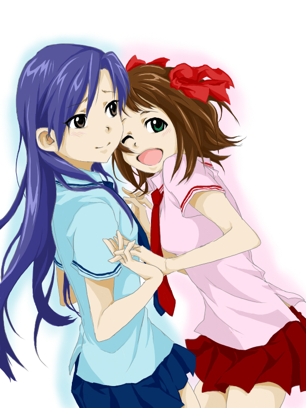 amami_haruka, bad_id, blue_hair, blush, brown_eyes, brown_hair, e-n, green_eyes