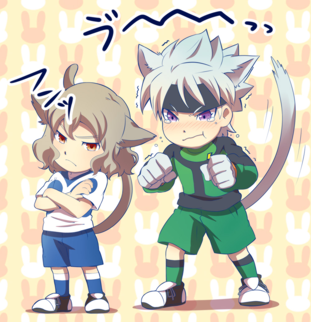 2boys, animal_ears, blush, brown_eyes, brown_hair, crossed_arms, frown, gloves