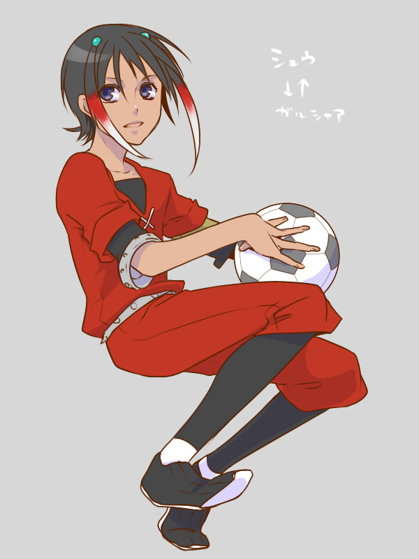 1boy, ball, character_name, cosplay, garushaa_wolfein, garushaa_wolfein_(cosplay), hair_ornament, inazuma_eleven_(series)