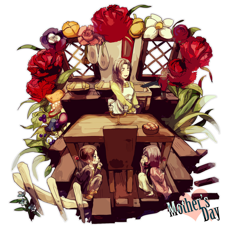 apron, basket, bread, brown_hair, carla_jaeger, chair, eren_jaeger, flower