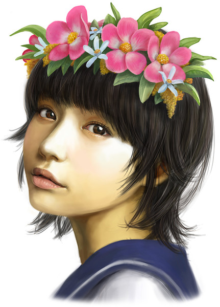 1girl, black_eyes, black_hair, dotechin, face, flower, hair_flower, hair_ornament