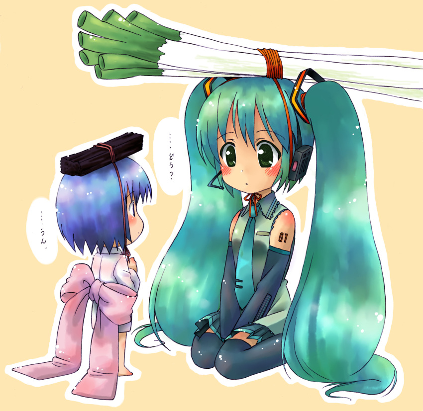 2girls, aqua_hair, bare_shoulders, binchou-tan, binchou-tan_(character), binchou-tan_(cosplay), black_legwear, blue_eyes, blue_hair, blush, bow, coal, cosplay, crossover, detached_sleeves, eye_contact, green_eyes, hatsune_miku, headset, highres, large_bow, long_hair, looking_at_another, multiple_girls, necktie, object_on_head, short_hair, simple_background, sitting, spring_onion, suppy, tareme, thighhighs, translated, twintails, v_arms, very_long_hair, vocaloid, wariza, zettai_ryouiki