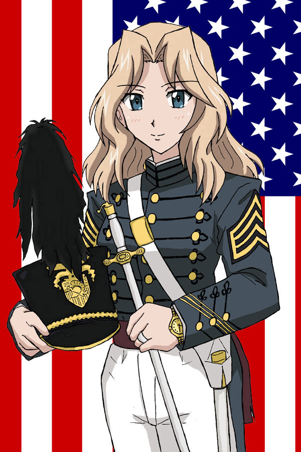 american_flag, crapgame, girls_und_panzer, hat, kay_(girls_und_panzer), military, military_uniform, plume, school_uniform, smile, sword, uniform, watch, watch, weapon