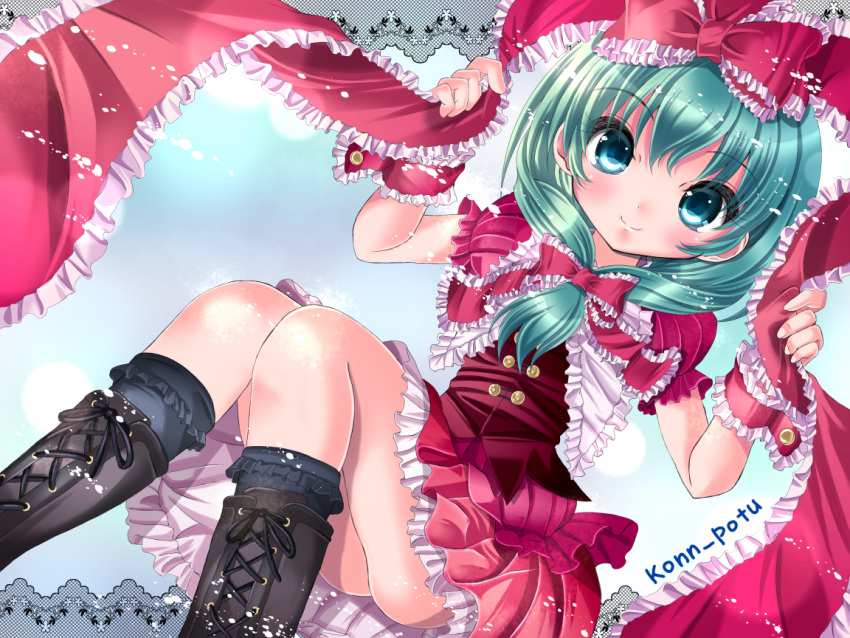1girl, boots, frills, green_eyes, green_hair, hair_ribbon, kagiyama_hina, konpotsu