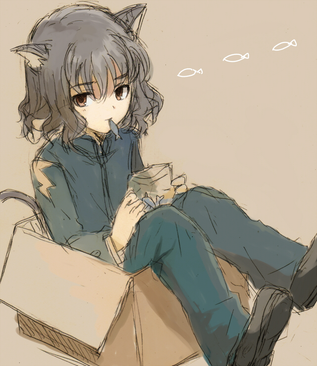 1boy, animal_ears, barufoa, box, brown_eyes, brown_hair, cat_ears, cat_tail