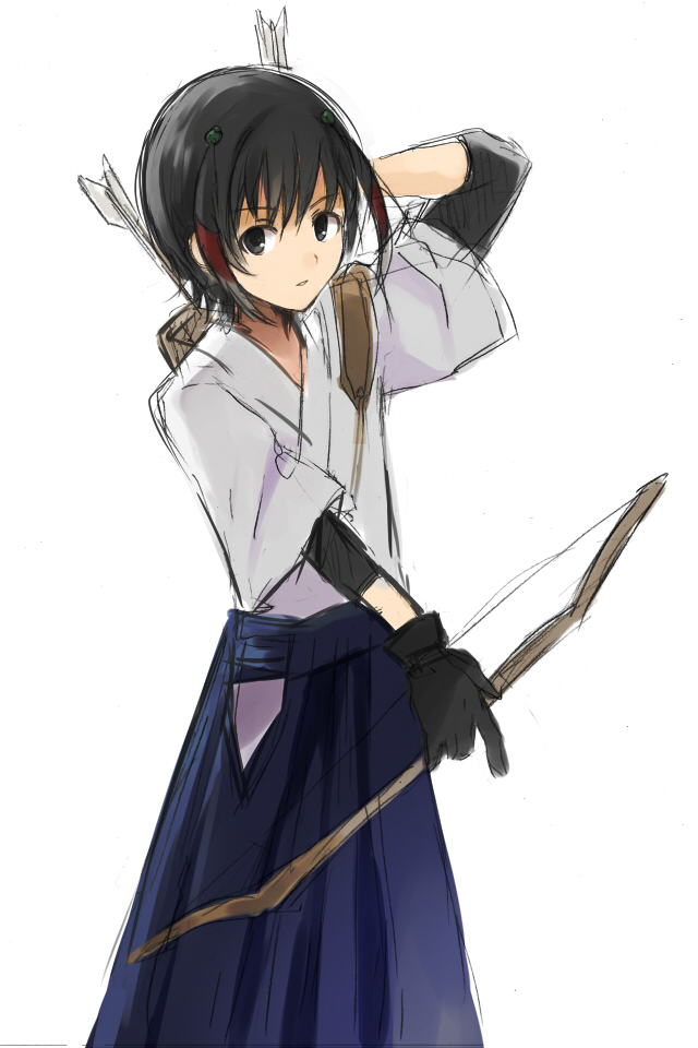 1boy, arrow, barufoa, black_hair, bow_(weapon), gloves, hakama, inazuma_eleven_(series), inazuma_eleven_go, japanese_clothes, male, quiver, short_hair, shuu_(inazuma_eleven), solo, weapon, white_background