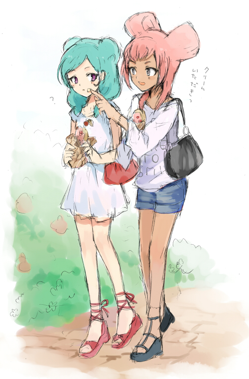 2boys, aqua_hair, barufoa, beta_(inazuma_eleven), dress, food, high_heels, inazuma_eleven_(series)