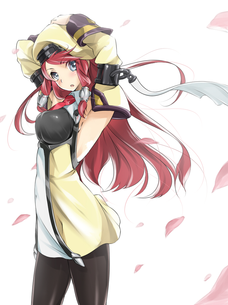 1girl, alternate_costume, blazblue, blue_eyes, blush, detached_sleeves, hair_tubes, hat