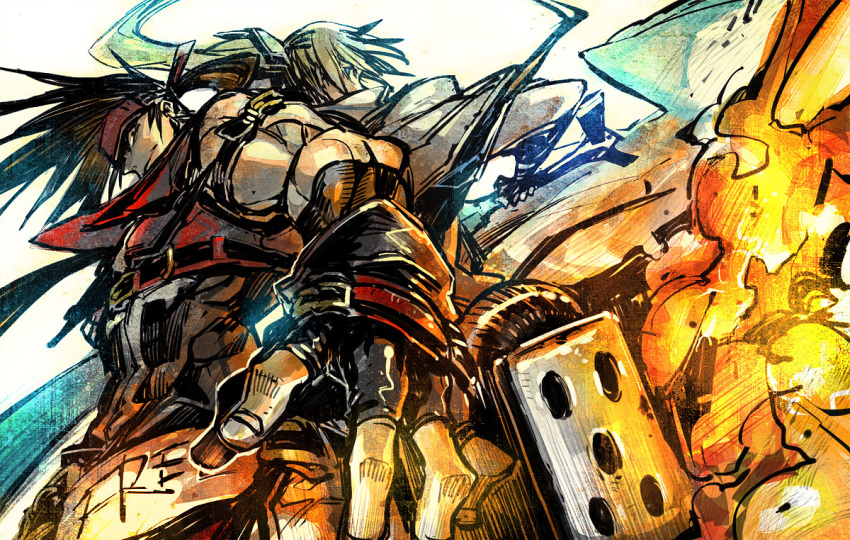 akagishi_k, blonde_hair, blue_eyes, brown_hair, fingerless_gloves, gloves, guilty_gear, guilty_gear_xrd