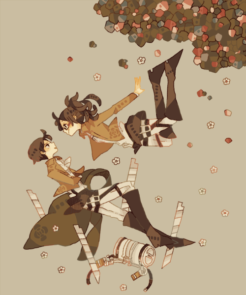 1boy, 1girl, black_hair, boots, falling, flower, glasses, hanji_zoe