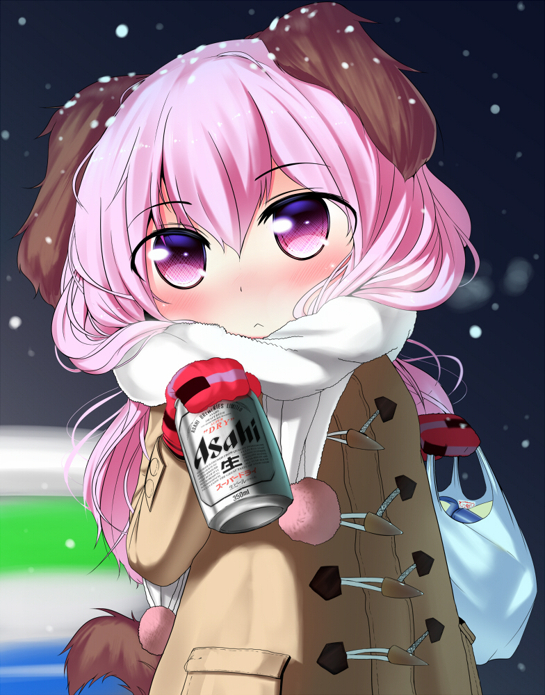 :<, animal_ears, bag, beer, blush, can, coat, dog_ears