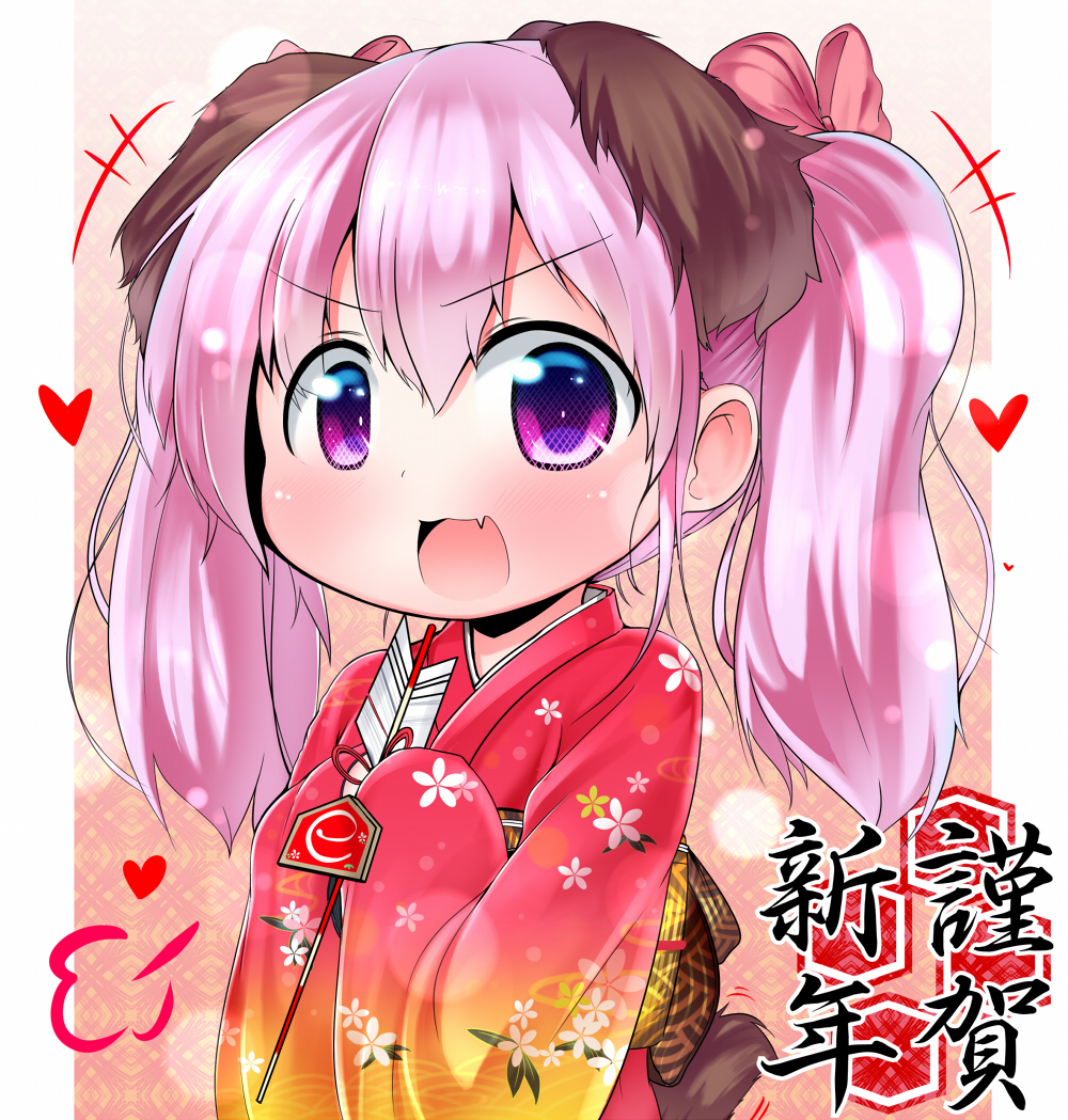 animal_ears, arrow, dog_ears, fang, japanese_clothes, kimono, long_hair, new_year