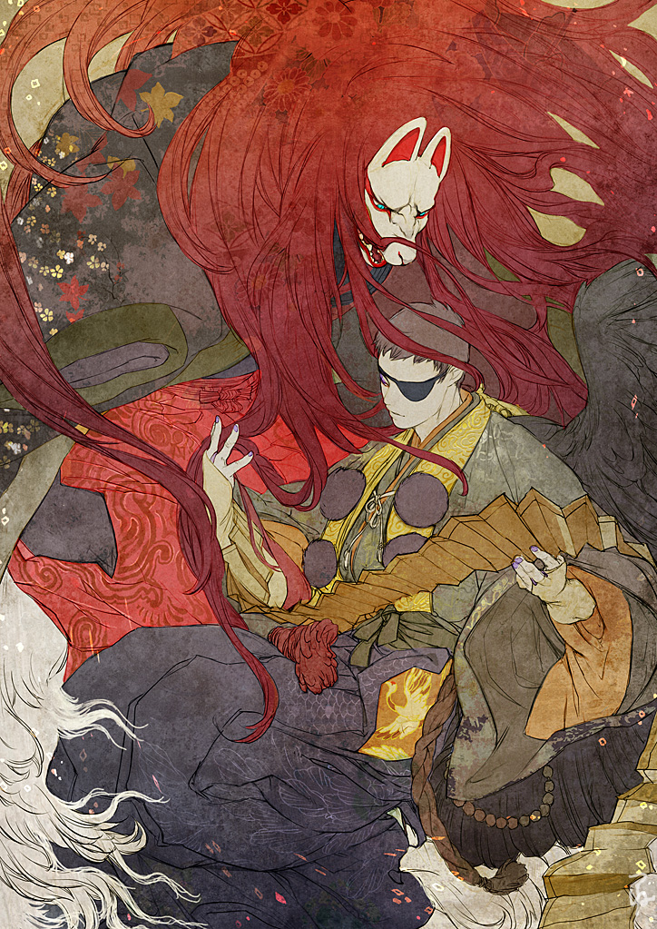 1boy, brown_hair, eyepatch, japanese_clothes, mogusa_tsuneharu, original, redhead, samurai, short_hair, youkai