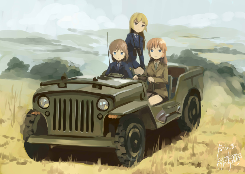 3girls, artist_name, blonde_hair, blue_eyes, brown_eyes, brown_hair, cecilia_e_harris, charlotte_e_yeager