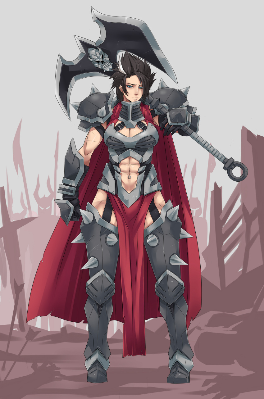 1girl, abs, absurdres, armor, black_hair, blue_eyes, breastplate, cape