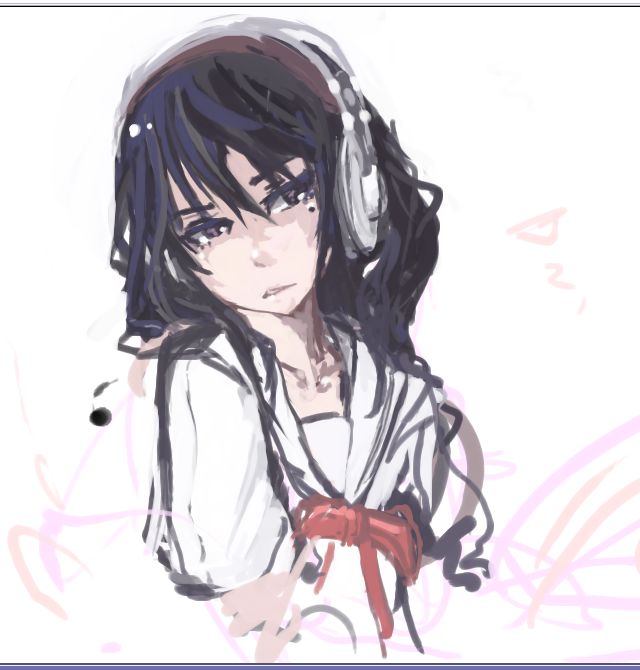 1girl, akg, black_hair, brown_eyes, chihayafuru, headphones, long_hair, mole