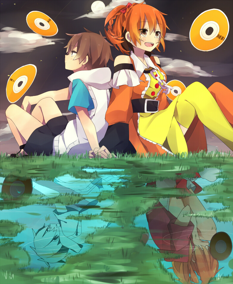 1boy, 1girl, back-to-back, blonde_hair, brown_eyes, brown_hair, clouds, full_moon