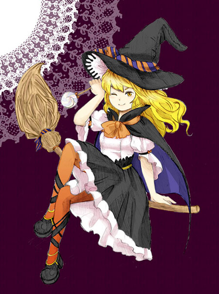 1girl, alternate_costume, ankle_lace-up, blonde_hair, broom, broom_riding, candy, cape