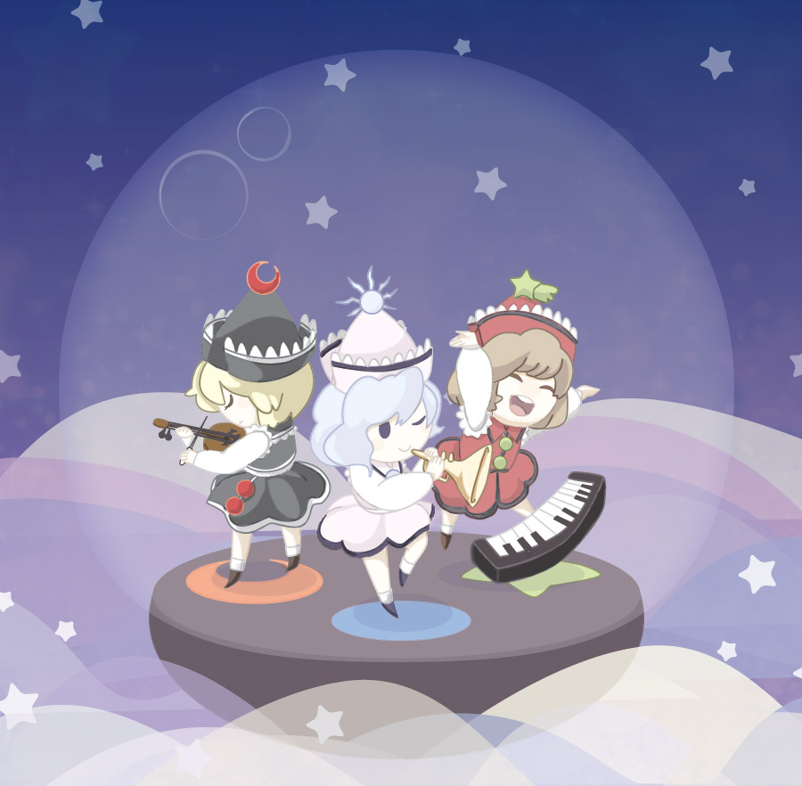 3girls, :d, ^_^, arms_up, chibi, closed_eyes, clouds, crescent