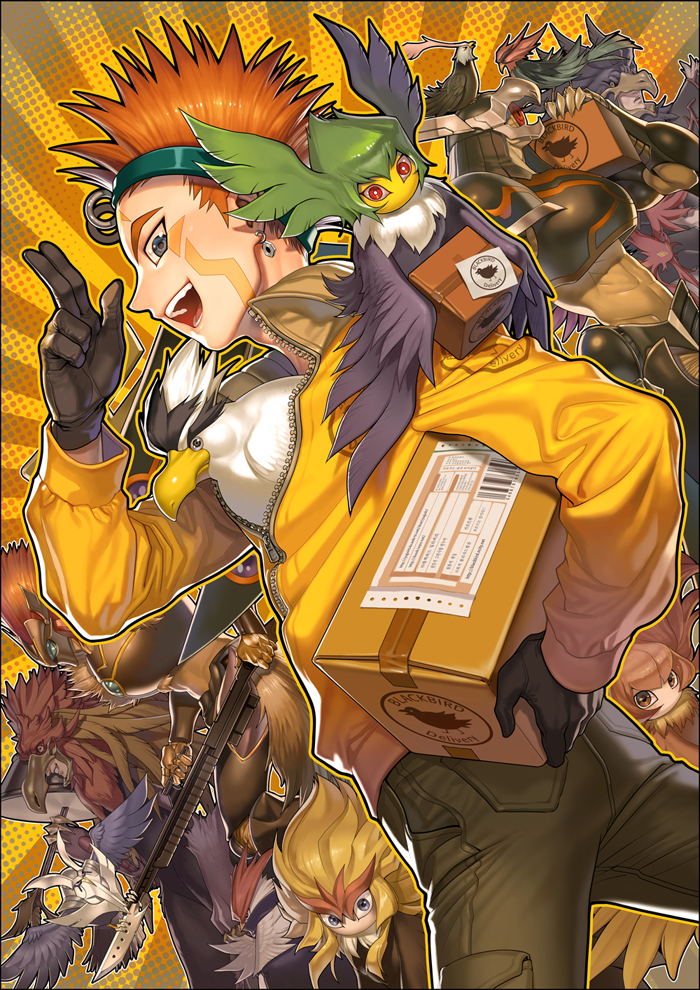 1boy, :d, blackwing_armed_wing, blackwing_armor_master, blackwing_blizzard_the_far_north, blackwing_bora_the_spear, blackwing_gale_the_whirlwind, blackwing_kalut_the_moon_shadow, blackwing_sirocco_the_dawn, blue_eyes, box, brown_hair, crow_hogan, duel_monster, gloves, jacket, jeans, open_mouth, smile, spiky_hair, teeth, yna, yuu-gi-ou, yuu-gi-ou_5d's