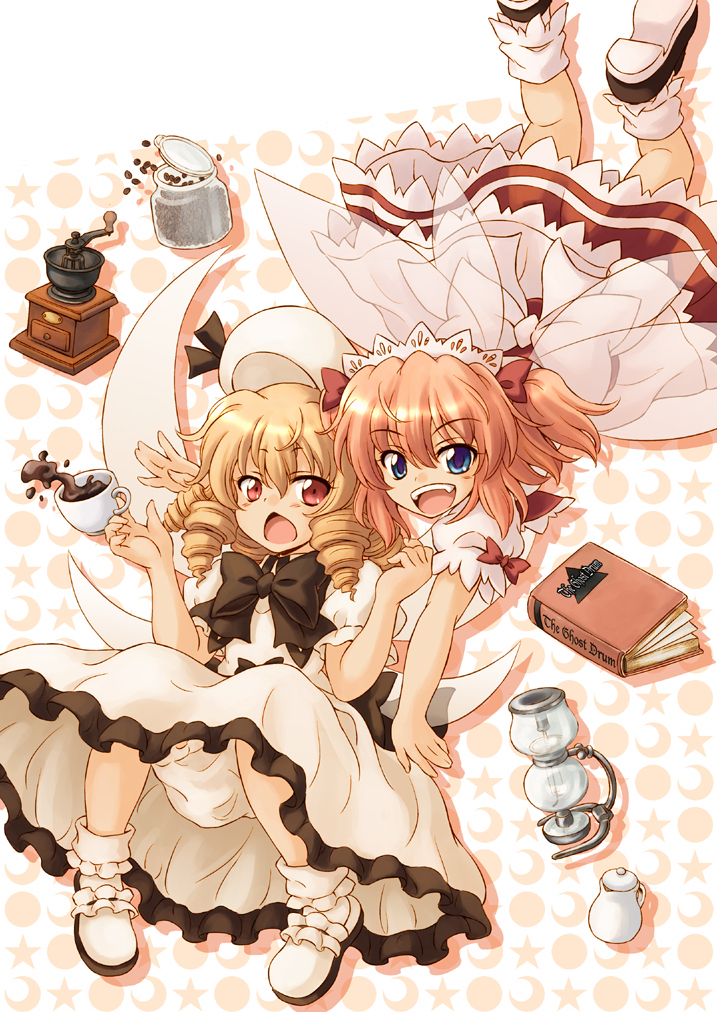 2girls, blonde_hair, blue_eyes, book, chestnut_mouth, coffee, coffee_beans, coffee_pot