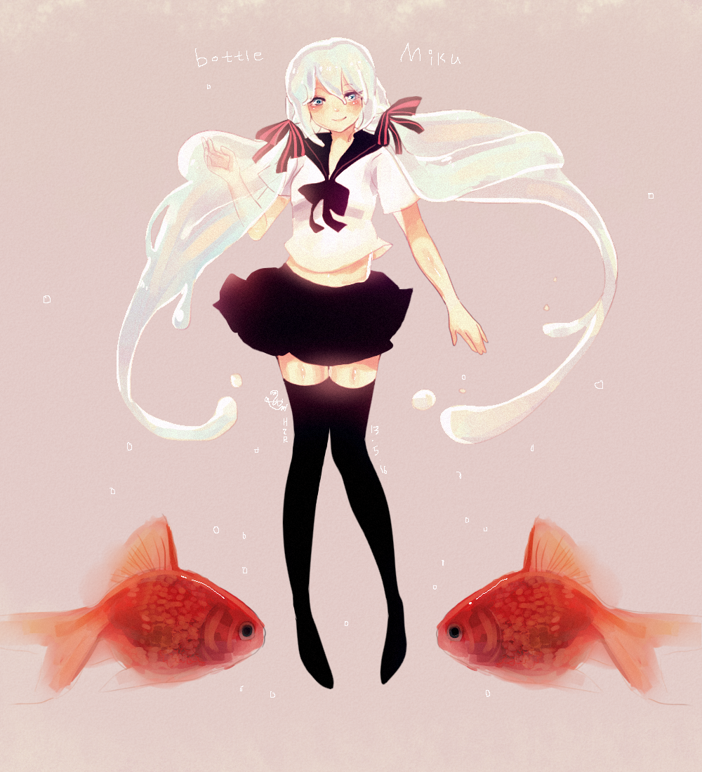 1girl, bottle_miku, character_name, fish, hair_ribbon, hatsune_miku, hzrn_(ymj924), liquid_hair, long_hair, midriff, ribbon, school_uniform, serafuku, skirt, solo, thighhighs, twintails, very_long_hair, vocaloid