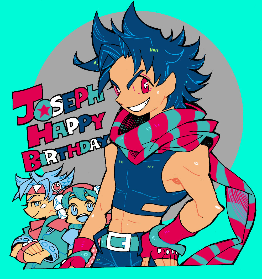 1girl, 2boys, bandana, birthday, bitz777, blue_eyes, blue_hair, caesar_anthonio_zeppeli