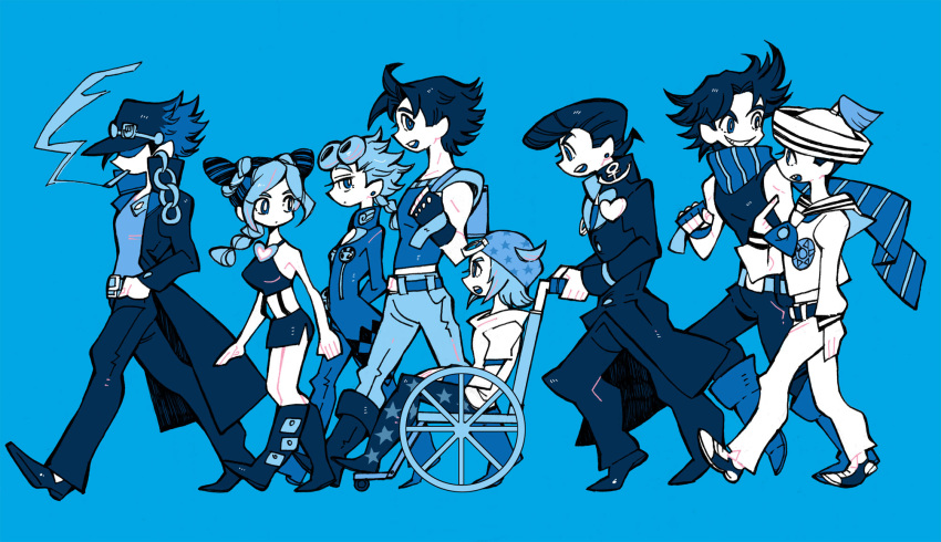 1girl, 6+boys, bitz777, blue, cigarette, giorno_giovanna, higashikata_jousuke, higashikata_jousuke_(jojolion), highres, johnny_joestar, jojo_no_kimyou_na_bouken, jojolion, jonathan_joestar, joseph_joestar_(young), kuujou_jolyne, kuujou_joutarou, monochrome, multiple_boys, steel_ball_run, wheelchair