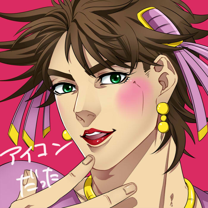 1boy, blush, brown_hair, crossdressinging, earrings, green_eyes, hair_ornament, jewelry, jojo_no_kimyou_na_bouken, joseph_joestar_(young), lipstick, makeup, mao-009, solo