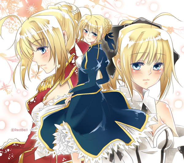 3girls, ahoge, blonde_hair, blue_eyes, bow, dress, dual_persona, fate/extra, fate/stay_night, fate/unlimited_codes, fate_(series), hair_bow, multiple_girls, ponytail, redbell84, saber, saber_extra, saber_lily