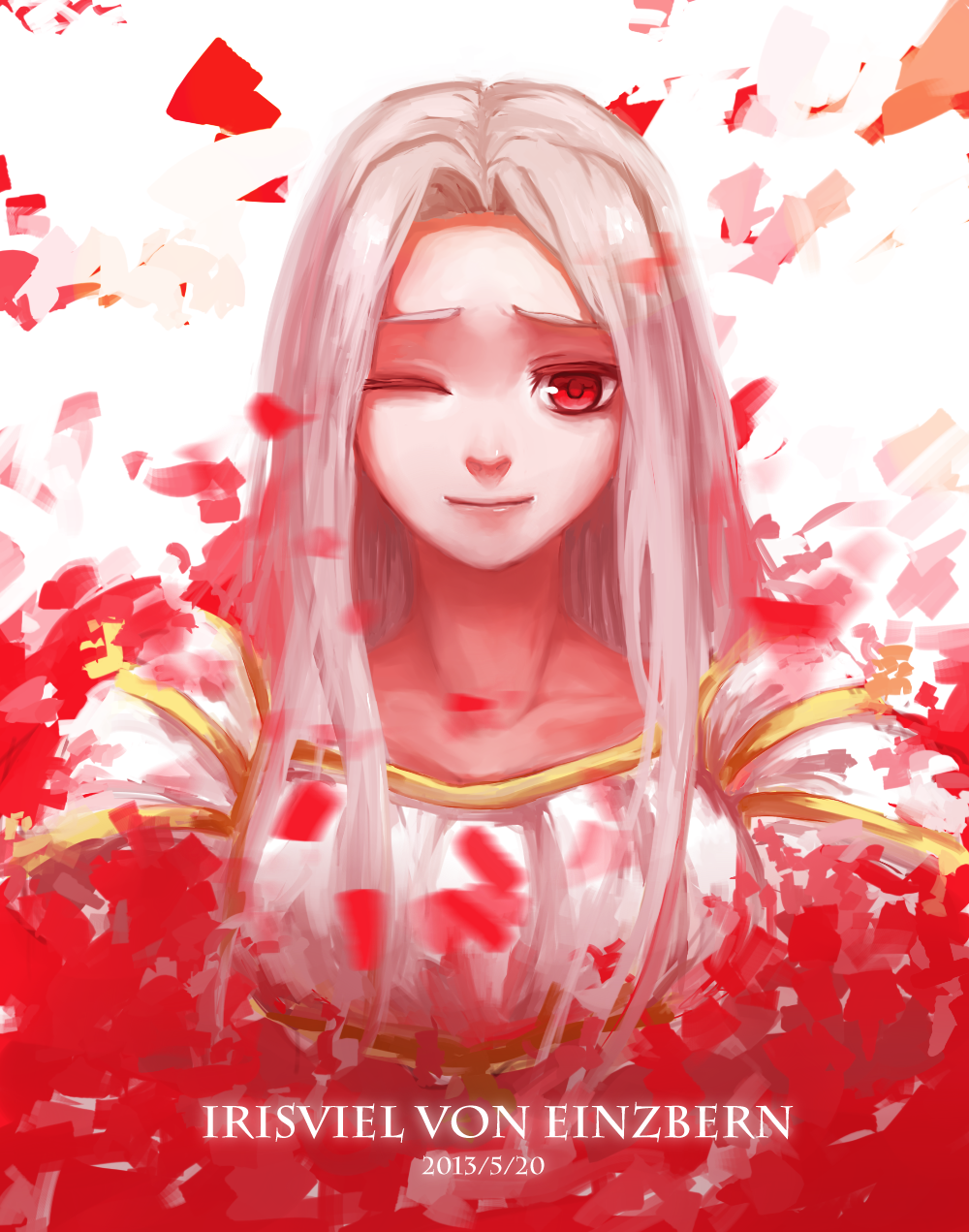 1girl, character_name, dated, dress, fate/zero, fate_(series), flower, highres, irisviel_von_einzbern, long_hair, petals, planetariu, red_eyes, solo, white_hair, wink
